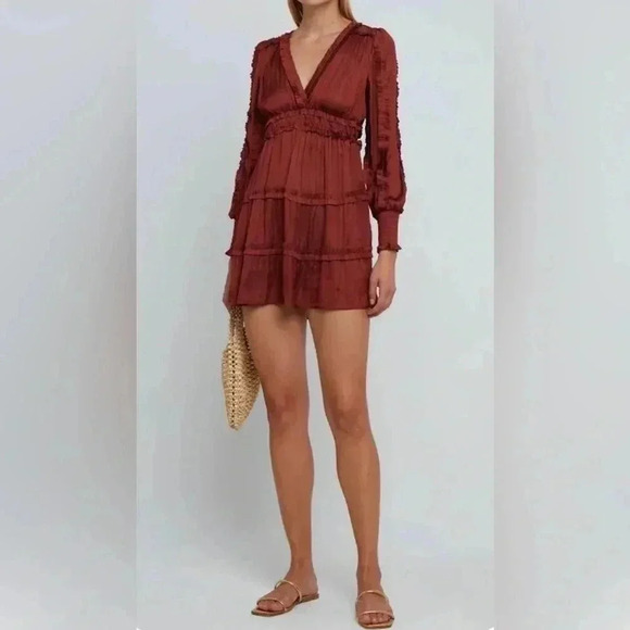 O.P.T. One Pretty Time Tianna Rust Long Sleeve Ruffle Silky Mini Dress Sz Small - Picture 1 of 14
